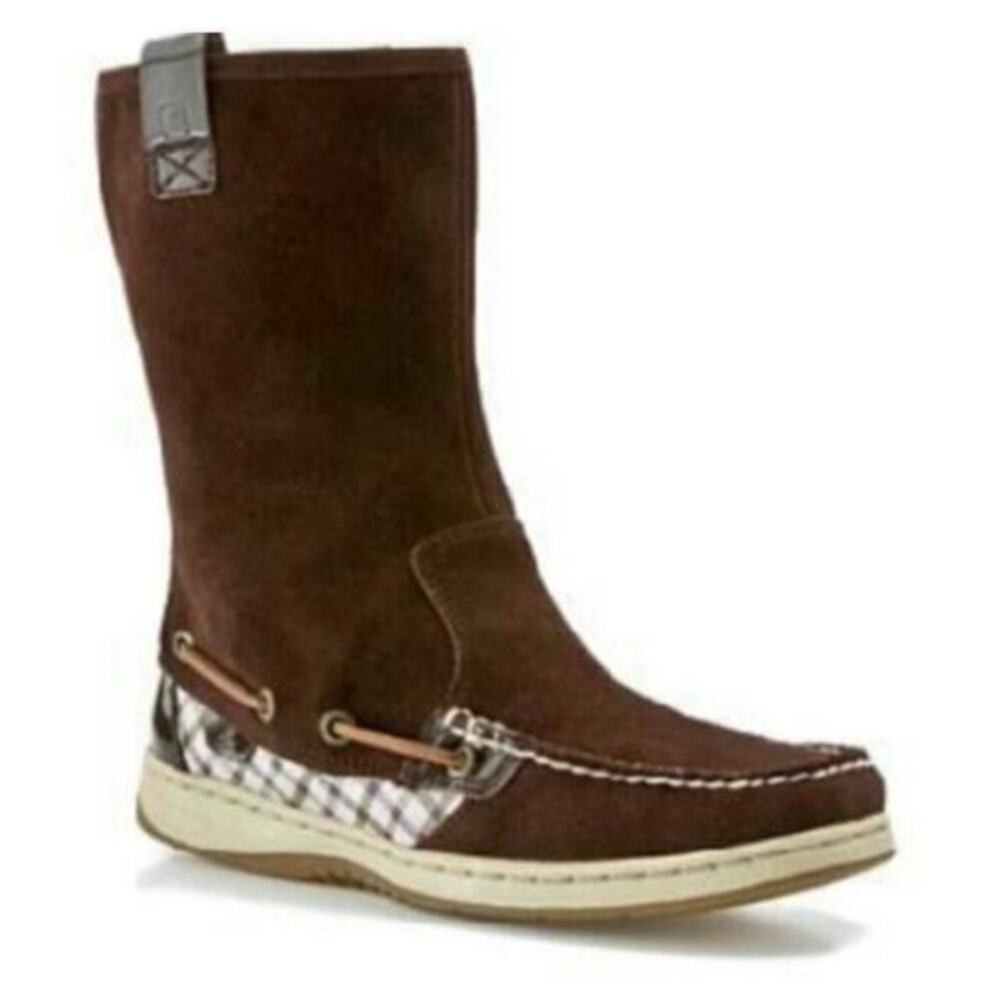 Sperry Top-Sider Womens Sandfish Boots Brown plaid Moc Toe Suede Boat Shoes 7.5